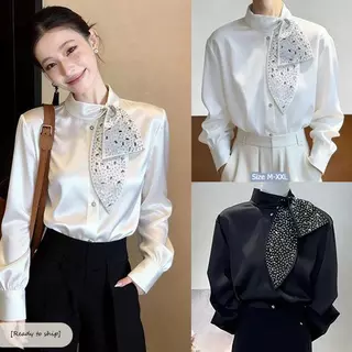 mimi-เสื้อเชิ้ตผ้าซาติน ดีไซน์ผูกโบว์ แขนยาว ไซส์ใหญ่ หรูหราและดูดีมีระดับประดับเพชรเทียมแบบงานประณีต ใส่ทำงานได้#99432