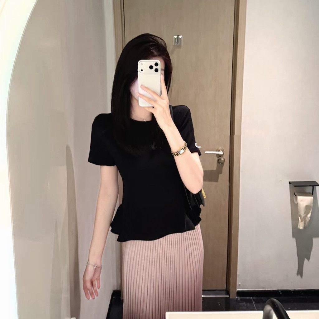 93 Lyocell Cool Cool Lotus Leaf Hem เสื้อยืดแขนสั้นทุกการแข่งขันฤดูร้อนผู้หญิง