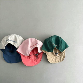 ย้อนกลับสีบล็อกจดหมายเด็กหมวกเบสบอลชายหญิง เชือกรูด นุ่มปีกบางระบายอากาศสไตล์เกาหลีฤดูร้อนอาทิตย์ปกป้องหมวกลําลอง