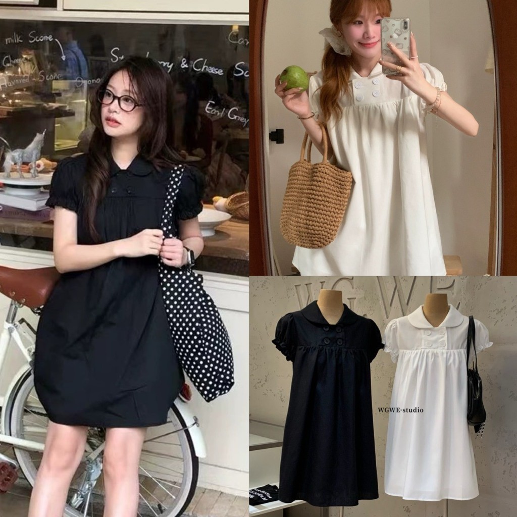 ❤ 🧵 🇰🇷 W9818 เดรสสั้นคอบัว แต่งกระดุม แขนตุ๊กตา ทรงปล่อย มีกระเป๋า มีซับในอย่างดีค่า แฟชั่นเกาหลี TAG WG.WE 🧡