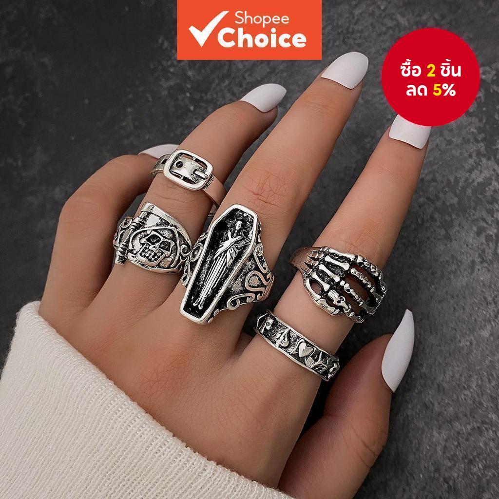 Halloween Vintage Silver Skeleton Box Palm Belt Leaf Design Knuckle Ring Set