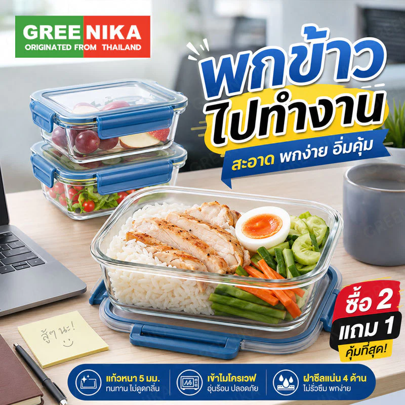 GREENIKA กล่องแก้วเก็บอาหาร ถนอมอาหาร มีซีลยางกันรั่วซึม ฝาล็อค2ชั้น ใช้ในตู้เย็นได้และเข้าไมโครเวฟได้