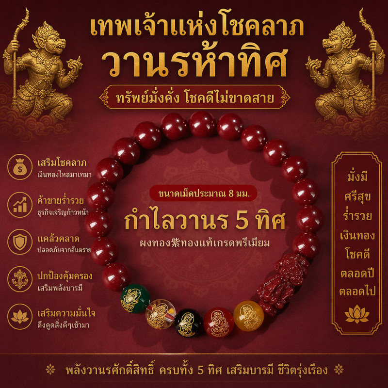 สร้อยข้อมือ  Cinnabar สร้อยข้อมือเทพเจ้าแห่งความมั่งคั่งห้าทาง สร้อยข้อมือสำหรับผู้ชายและผู้หญิง (8มม-12มม)
