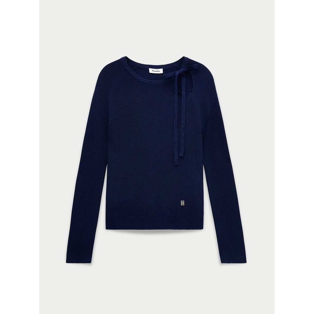 [Pomelo] เสื้อสเวตเตอร์ถักไหมพรมตกแต่งด้วยโบว์ / Bow Detail Ribbed Knit Top