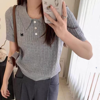 T8003 POLO เสื้อโปโลถักนิตติ้งแขนสั้นลายเชือกกลม สำหรับผู้หญิง นุ่มสบาย