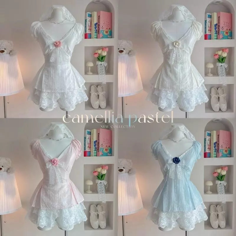 Camellia pastel เสื้อแขนตุ๊กตา กางเกงลูกไม้ น่ารัก