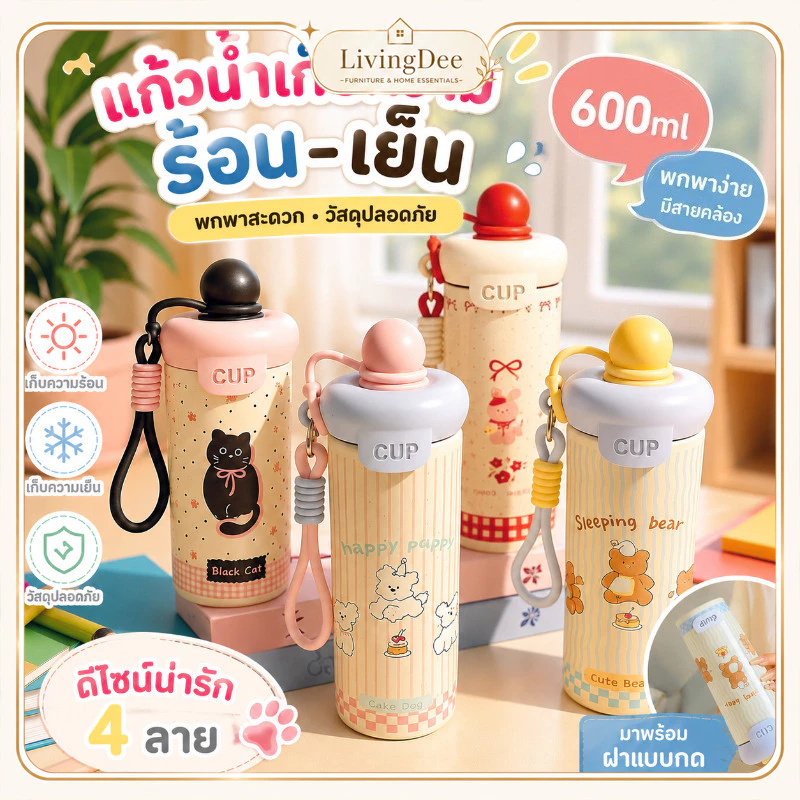 กระบอกน้ำสแตนเลส 316 เกรดอาหาร 600ml เก็บอุณหภูมิ ลายการ์ตูน มีหูหิ้ว