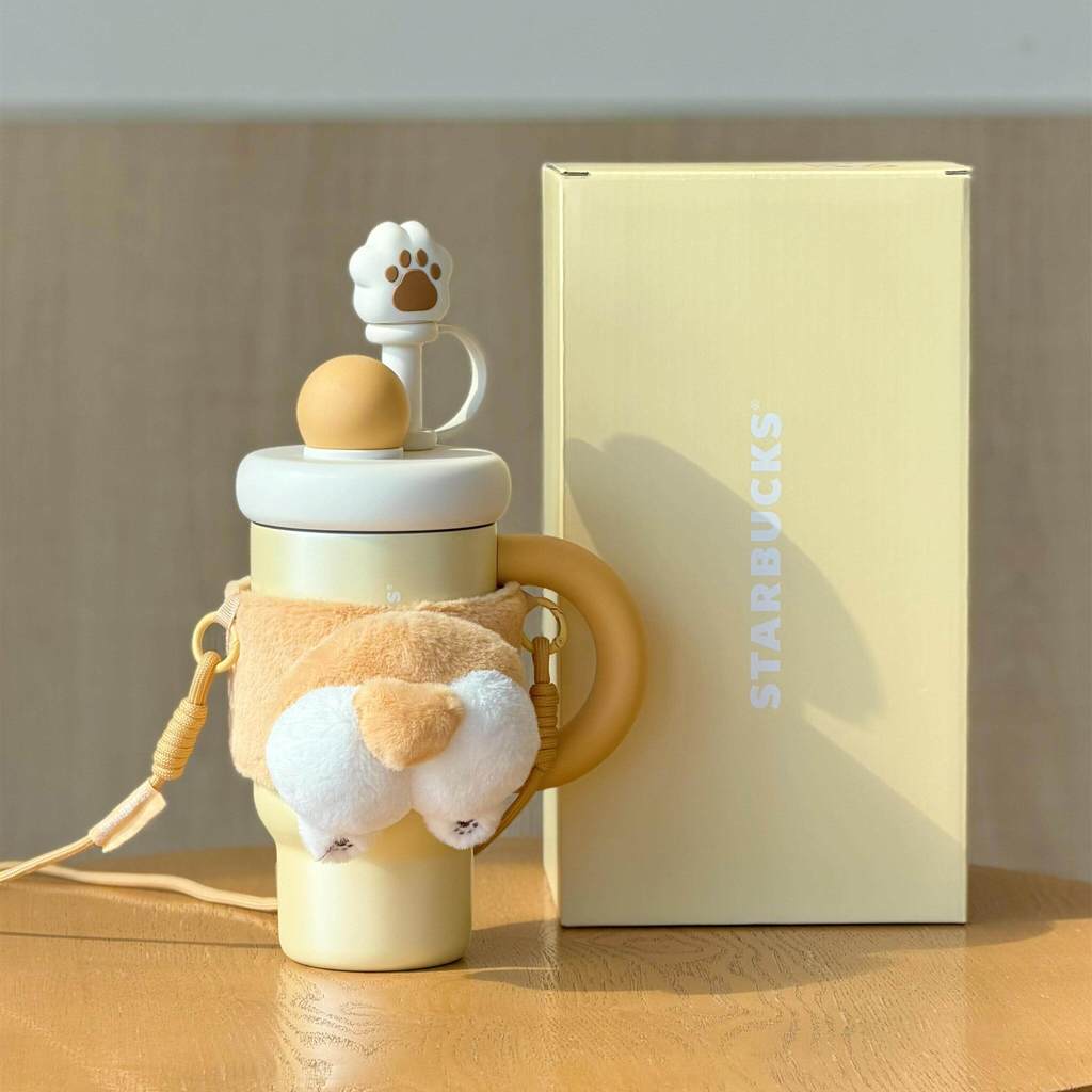 Starbucks Claw Paw World การ์ตูน Corgi ถ้วยน้ํารถความจุขนาดใหญ่แบบพกพากลางแจ้งชาท่อระบายน้ําถ้วยฟางพร้อมที่วางแก้ว