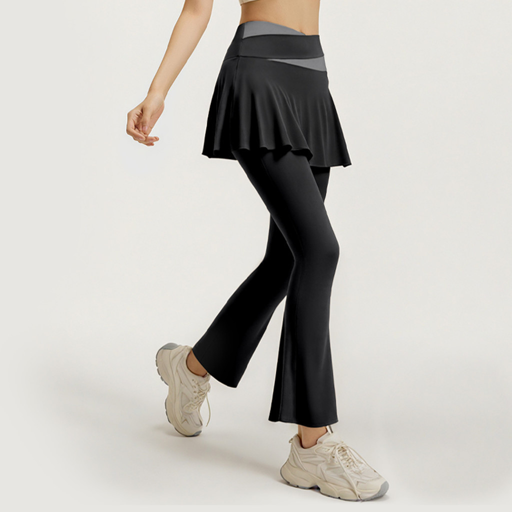 การจับคู่สี Flared Culottes ความยืดหยุ่นสูง Slimmer ดูปลอมสองชิ้นเอวสูงวิ่งออกกําลังกายกางเกงโยคะ