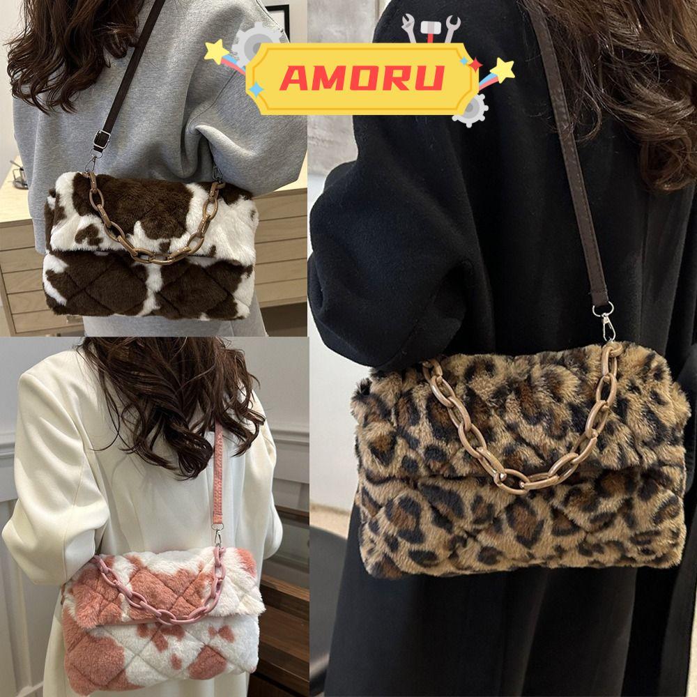 AMOR12U7 กระเป๋าสะพายไหล่เดี่ยว,ขนาดใหญ่ความจุ Casual Messenger กระเป๋า, Creative Leopard Plush Reus