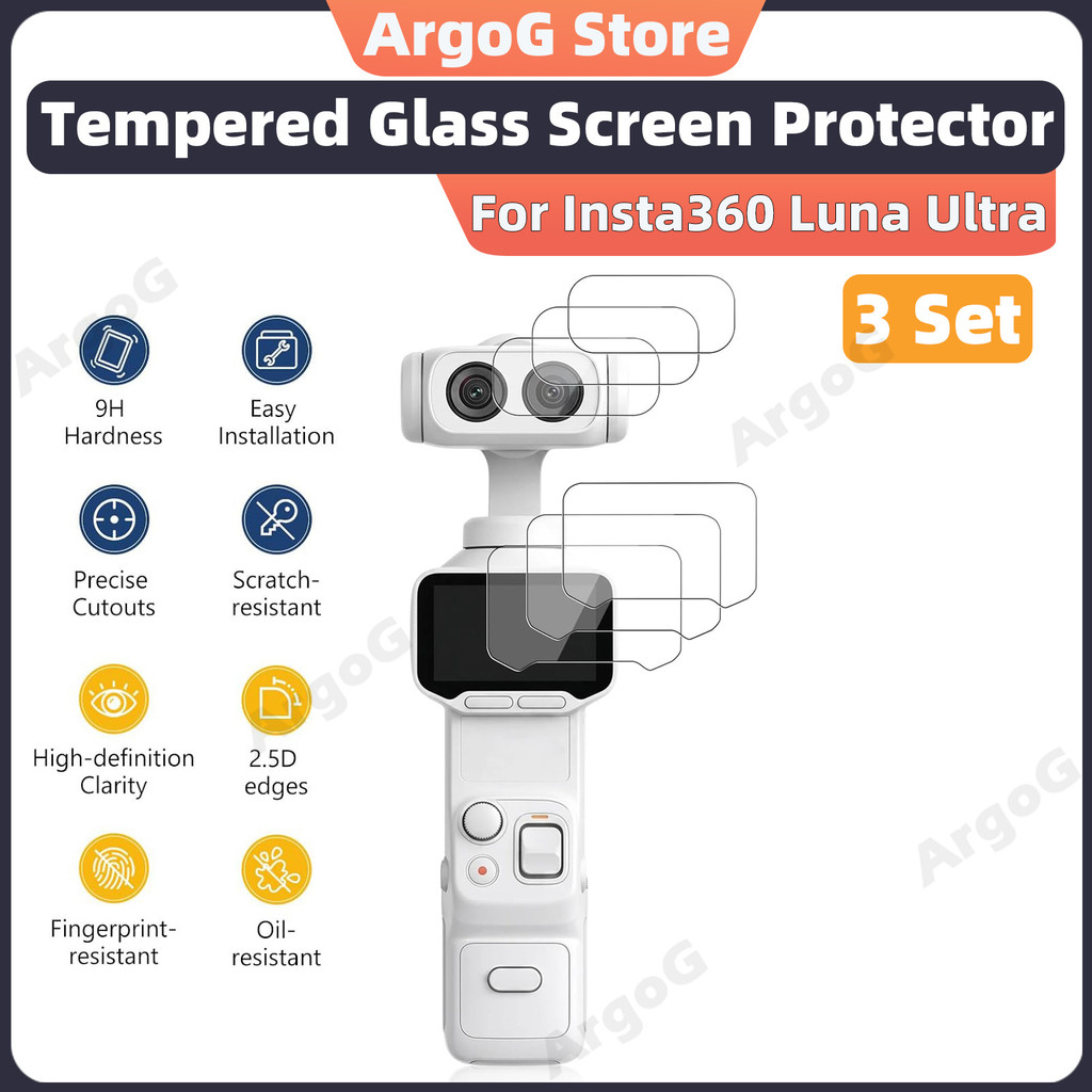 ArgoG Insta360 Luna Ultra กระจกนิรภัยป้องกัน 9H หน้าจอความแข็งและอุปกรณ์เสริมเลนส์