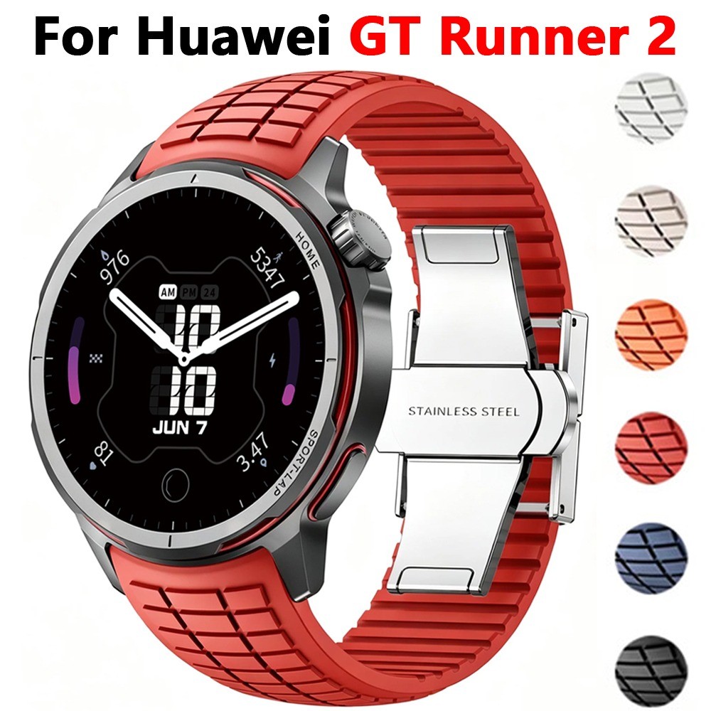 สายรัดซิลิโคนเข้ากันได้สําหรับ Huawei GT Runner 2 หัวเข็มขัดผีเสื้ออุปกรณ์เสริมวงกีฬา