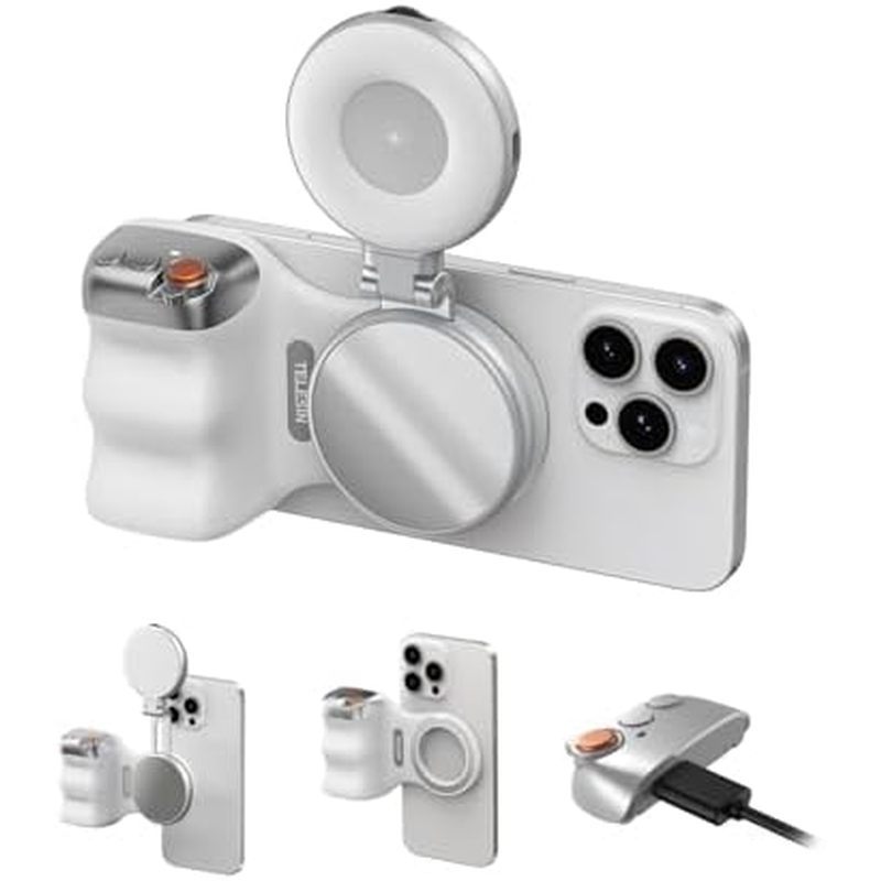 TELESIN Fun Shot Magnetic Phone Camera Grip + C03 Magnetic Selfie Light (สีเงิน) Bundle Kit เข้ากันไ