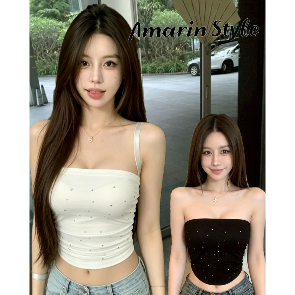Amarin🌸พร้อมส่ง🌸เสื้อเกาะอก Crop Top ติดเพชร สไตล์เกาหลี หวานแสบ ใหม่ล่าสุด มีซับใน ยืดกระชับสวย ใส่เที่ยว FY3552