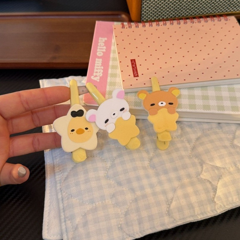 ชุด 3 ชิ้นน่ารักจัดแต่งทรงผม Rilakkuma Hug Star กิ๊บติดผมครีมหมีสีเหลืองคลิปทุกวัน Bangs ผมหัก Duckbill คลิปผ้าโพกศีรษะ