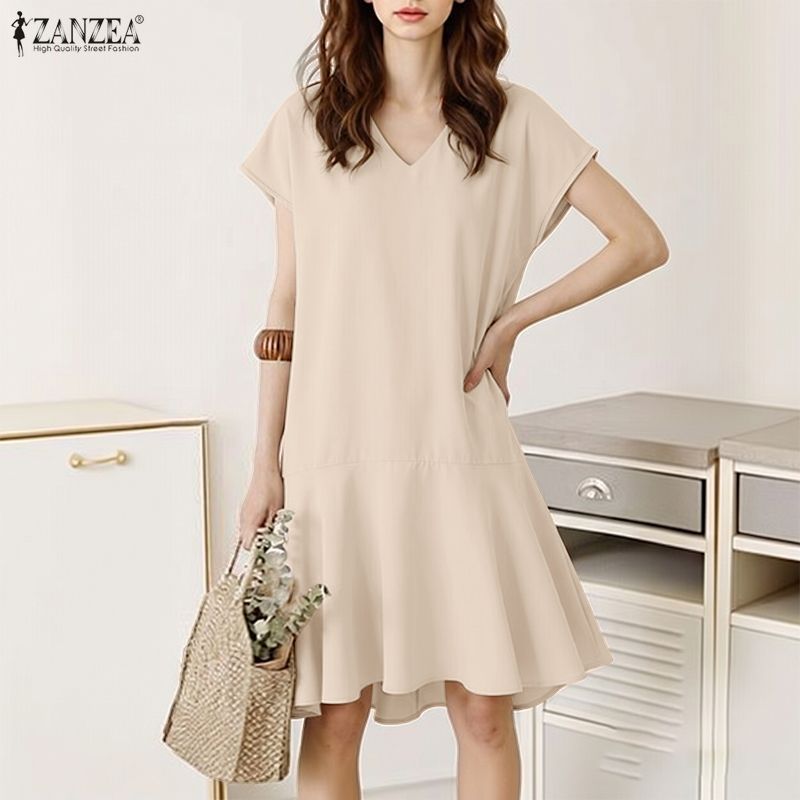 ZANZEA Celmia ผู้หญิงแฟชั่นเกาหลีคอวีแขนสั้นสีทึบจีบ Patchwork Simple Dress — صورة 5
