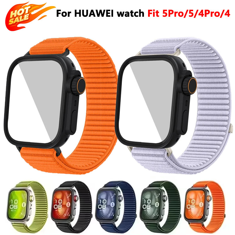 เปลี่ยนเคส Ultra + สายรัดห่วงไนลอนสนามสําหรับ Huawei Watch Fit 5/5 Pro สร้อยข้อมือกีฬาทอสําหรับ Fit 4/4 Pro สายปรับได้