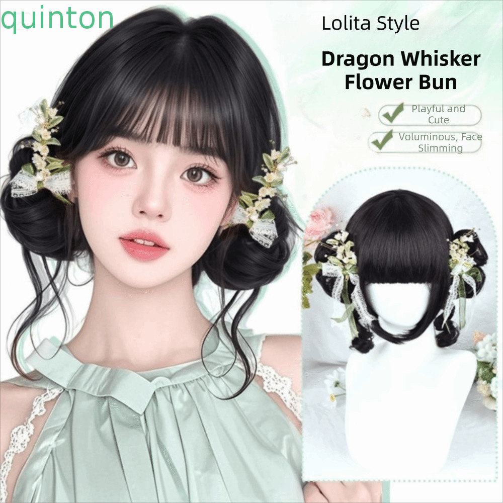 QUITON สั้นหยิกคู่หางม้า Bun, สังเคราะห์สีบลอนด์ Lolita วิกผม Bangs, Breathable น่ารักหวานคอสเพลย์ดอ