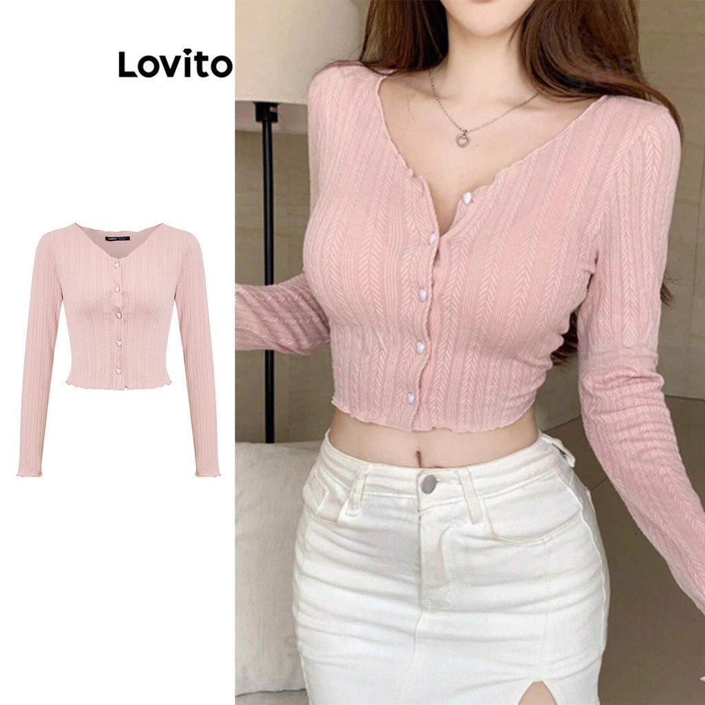 Lovito เสื้อยืดผู้หญิง ติดกระดุมหน้ารูปหัสใจ สไตล์น่ารัก L102AD112