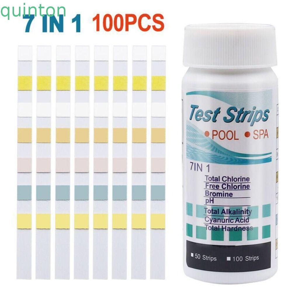 QUINTON 100 ชิ้นสระว่ายน้ําแถบทดสอบ,ความไวสูง 7in1 Water Quality Test Strip, PH Test Strips สะดวกแบบ