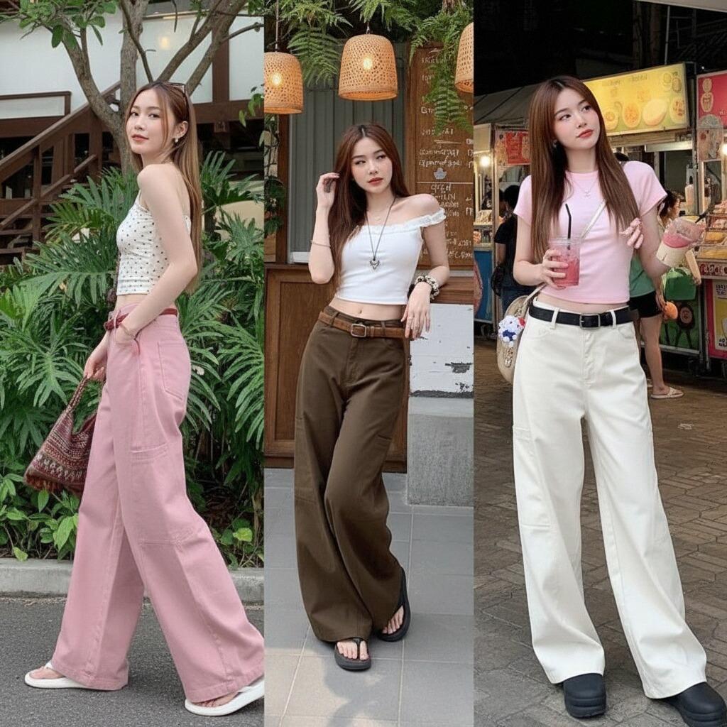 ฮิตอินเทจ JIAQI กางเกงยีนส์ลำลองหลวม สีขาว/คาราเมล/ชมพู/ดำ ทรงสวยทุกวัน