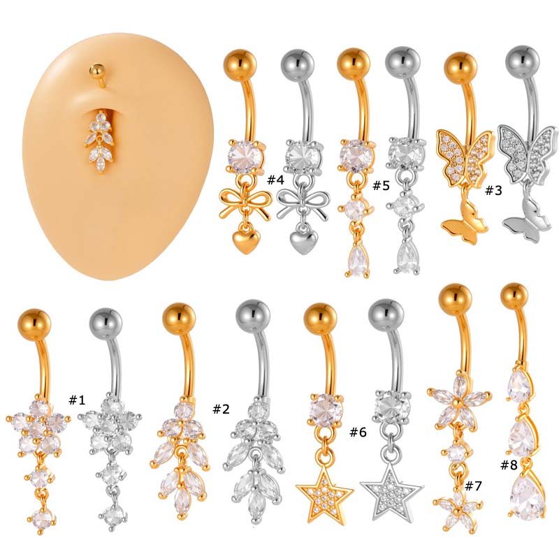 1 ชิ้นดอกไม้ผีเสื้อ Star Dangle 14Gauge สะดือเจาะ Belly ปุ่มแหวนสแตนเลส Zirconia