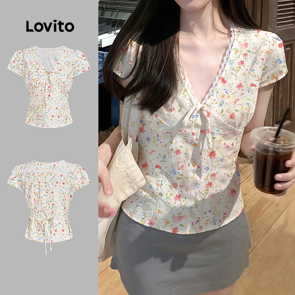 Lovito เสื้อเบลาส์สไตล์โบโฮ ผูกโบว์ ผูกเชือก ผ้าลูกไม้โปร่งเล็กน้อย สำหรับฤดูใบไม้ผลิ/ฤดูร้อน สำหรับผู้หญิง L177ED230