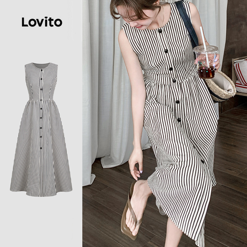 Lovito เดรสผู้หญิงลําลองลายกระดุมสําหรับฤดูใบไม้ผลิและฤดูร้อน LK5ED997