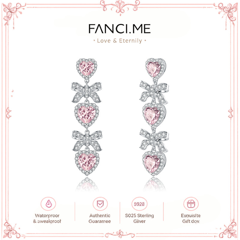 FANCIME "Extra Sweet" เงินสเตอร์ลิงโบว์และหัวใจสีชมพู CZ Stone Statement Drop ต่างหู