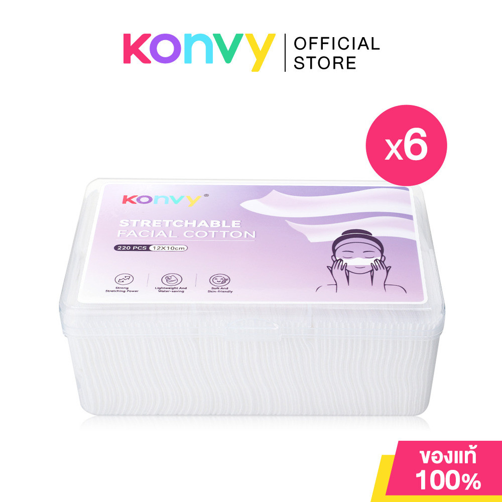 Konvy Stretchable Facial Cotton [220pcs x 6 Packs] สำลีแผ่นยืดได้ คอนวี่ เนื้อนุ่ม อ่อนโยน ยืดได้ตามใจ ใช้ได้งานหลาก...