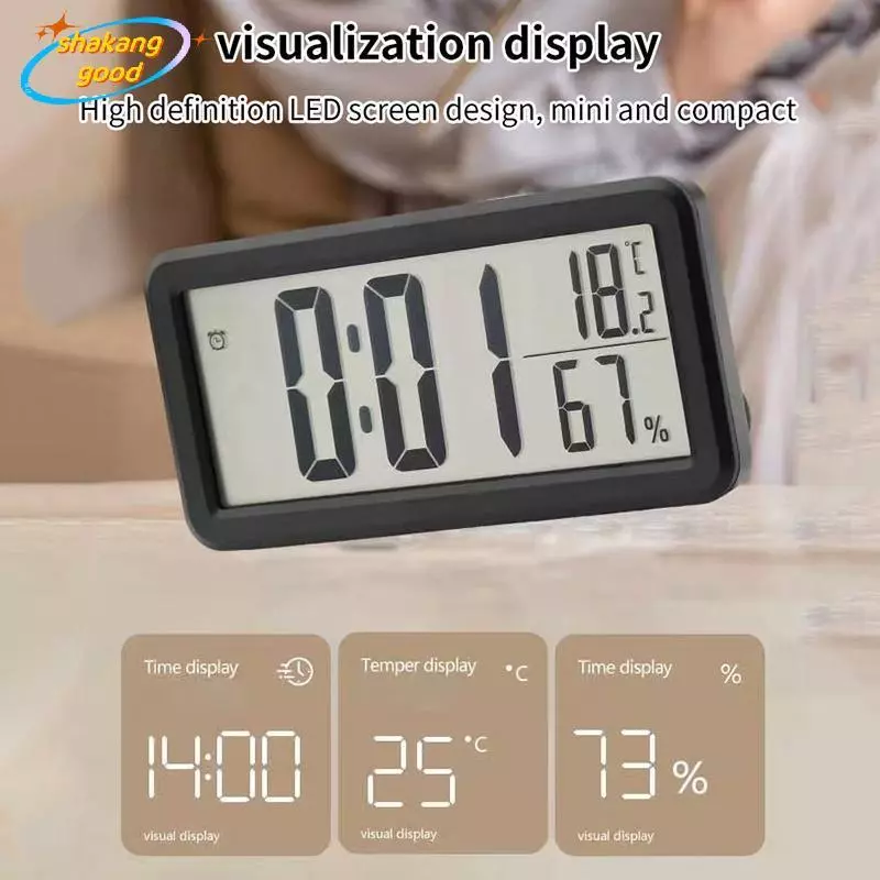 นาฬิกาปลุกดิจิตอล, นาฬิกาตั้งโต๊ะ, นาฬิกาอิเล็กทรอนิกส์ จอแอลซีดี แบบดําเนินการแบตเตอรี่, เซ็นเซอร์อุณหภูมิความชื้นห้อง