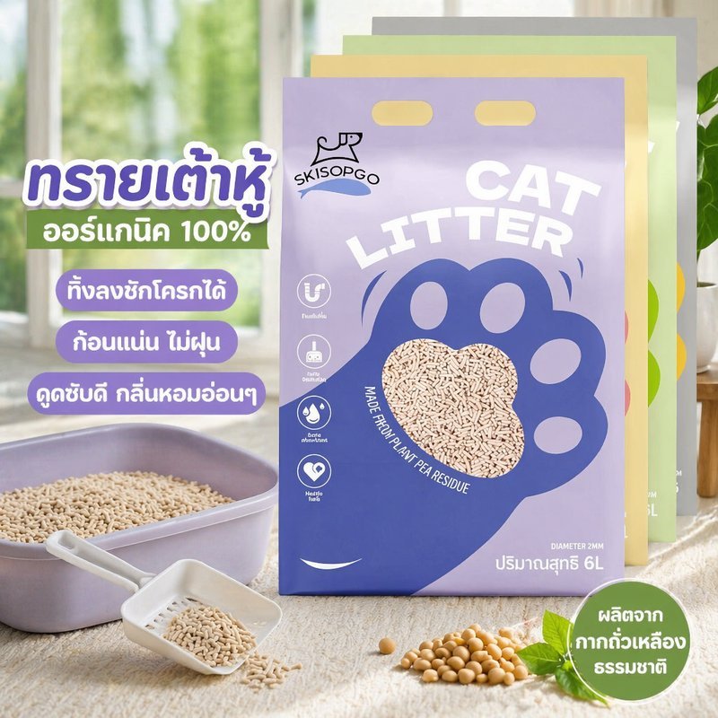 ทรายแมวเต้าหู้ ทรายแมว ทิ้งชักโครกได้ ดูดซับเร็ว จับตัวเป็นก้อน คุมกลิ่น ฝุ่นน้อย ธรรมชาติ 6 ลิตร