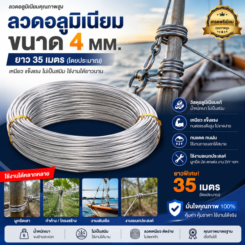 💥 (1 กิโลกรัม ) Ship  ลวดอลูมิเนียมกลม ขนาด 4 mm สำหรับ งานไฟฟ้า มัดลูกถ้วย แร็คช่อง งานศิลปะ รัดชิ้นงาน