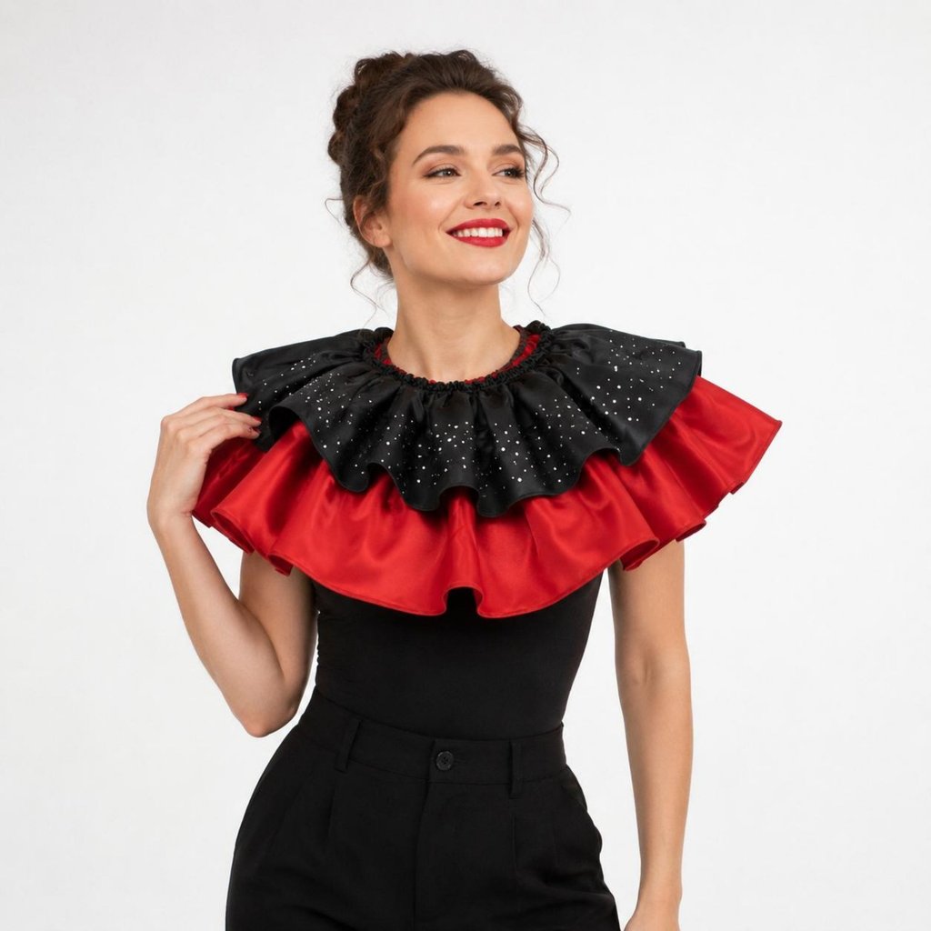 Ruffled สีดําและสีแดง Ruffle Collar Stage สวมใส่ Rhinestone คอ Ruffle Shimmering