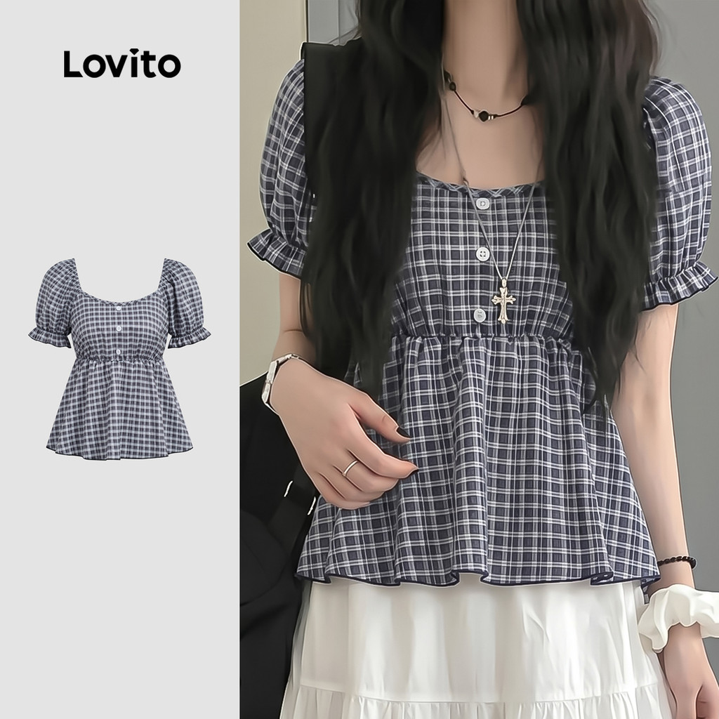 Lovito เสื้อเบลาส์ลําลอง ลายสบาย สไตล์พักผ่อนสําหรับฤดูใบไม้ผลิ/ฤดูร้อนสําหรับผู้หญิง LK5AD736