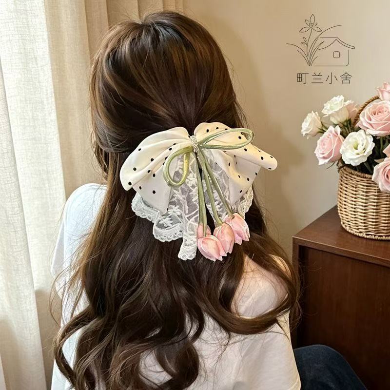 Polka Dot ลูกไม้ Bow Tulip หางม้าคลิปผู้หญิง