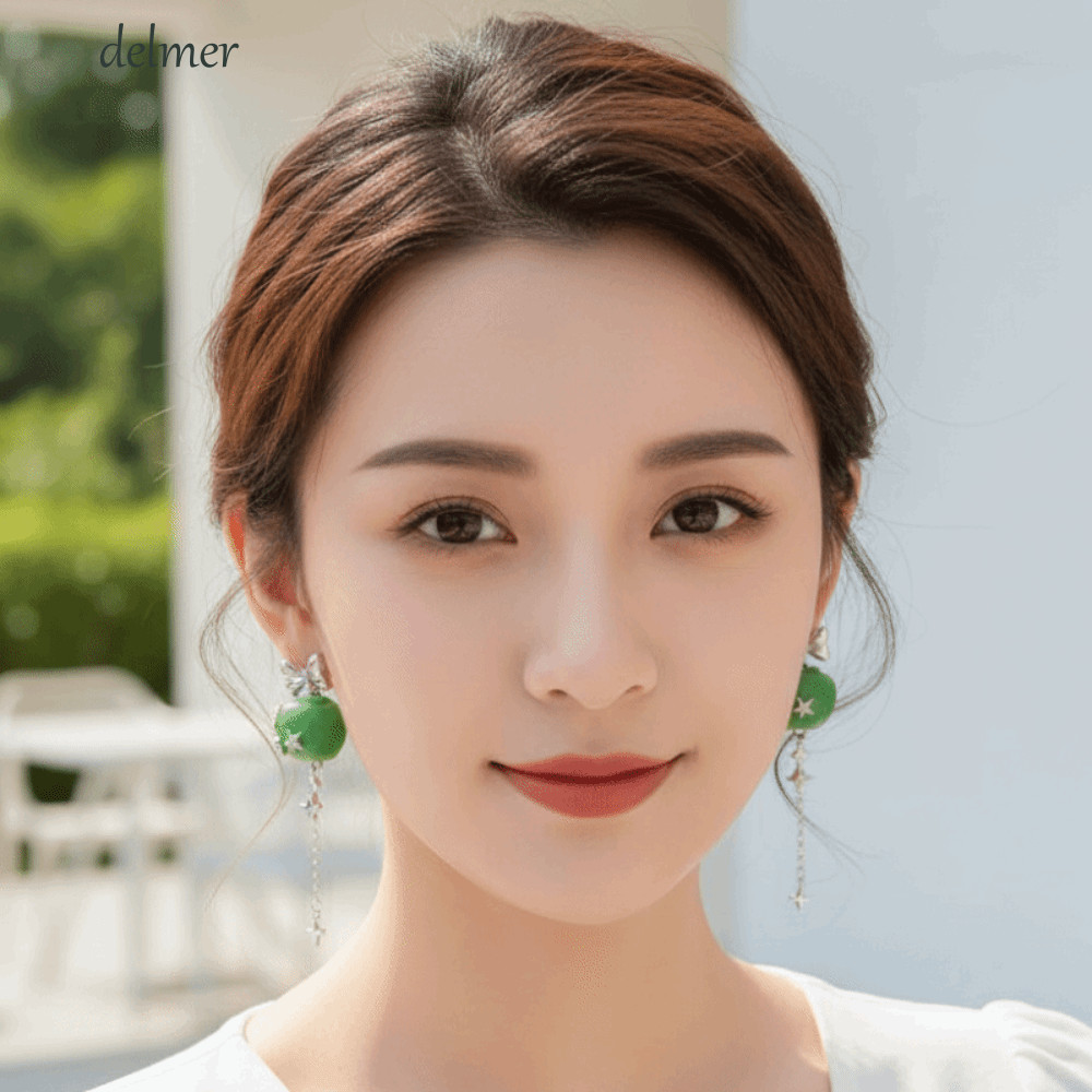 DELMER ชุดเครื่องประดับ Pip สีเขียว, เค้นคอผลไม้สีเขียวเคลือบ, จี้ฤดูร้อน Starry ไม่สมมาตรต่างหูสีเข