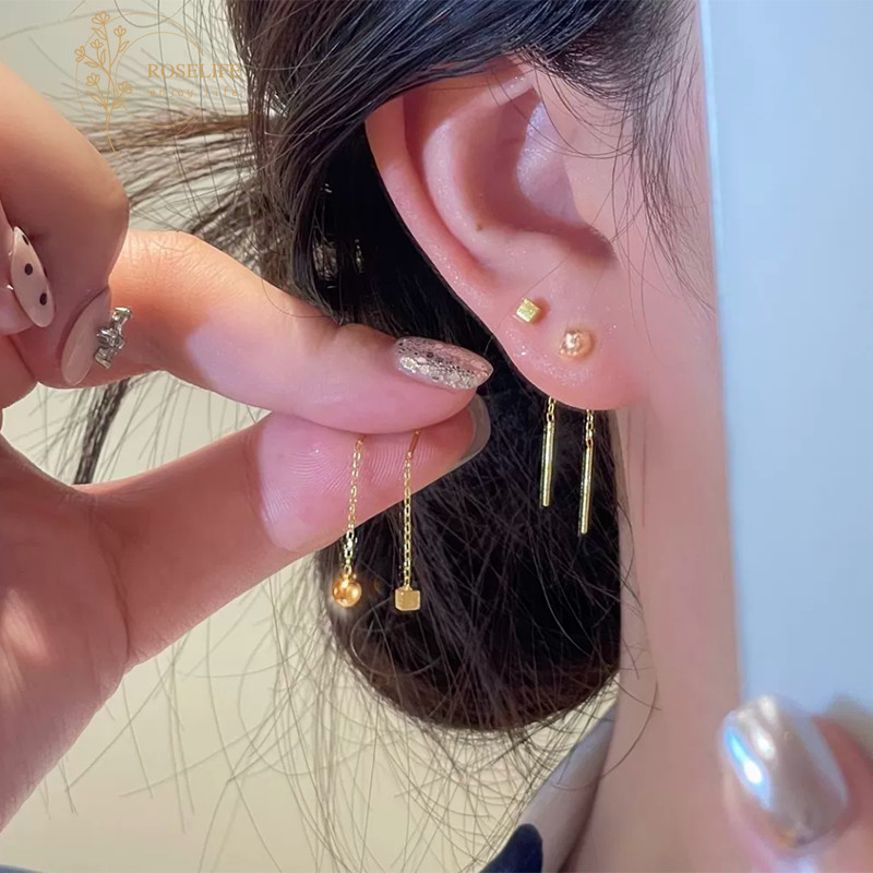 Roselife เกาหลี 14K Gold 1 คู่รอบ Ball พู่โซ่ Drop ต่างหูสําหรับผู้หญิงสาว Hypoallergenic พันกันหูเครื่องประดับ