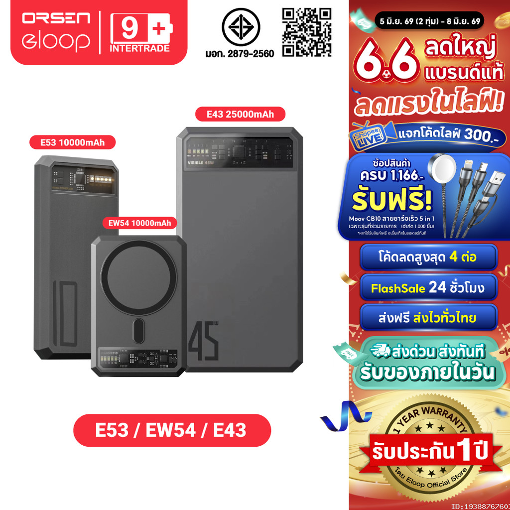 [ส่งไว] Orsen by Eloop E53 10000mAh EW54 10000mAh E43 25000mAh แบตสำรอง ชาร์จเร็ว PowerBank Type C