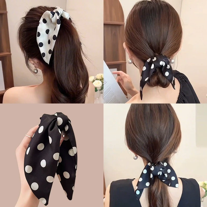 สีดําสีขาวลายจุด Bowknot หางม้าสูง Claw กิ๊บติดผม Grips Headwear เครื่องประดับผมสําหรับผู้หญิง