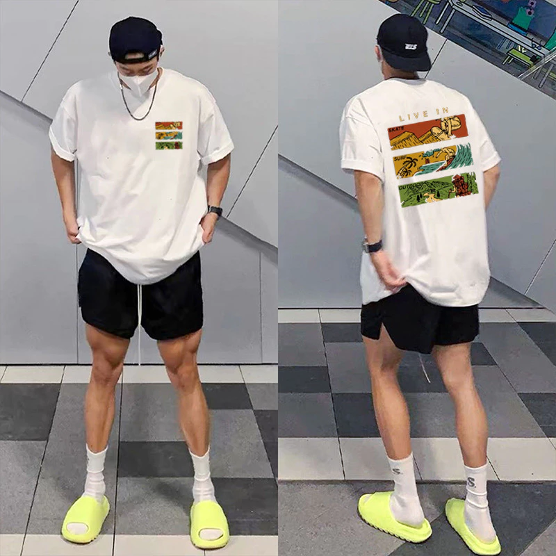 (ผ้าฝ้าย 100%)Luvoro oversize unisex เนื้อผ้านุ่มระบายแขนสั้น T-shirt สีดำและสีขาว เสื้อยืดทูโทน เสื้อยืดแขนสั้น C1584