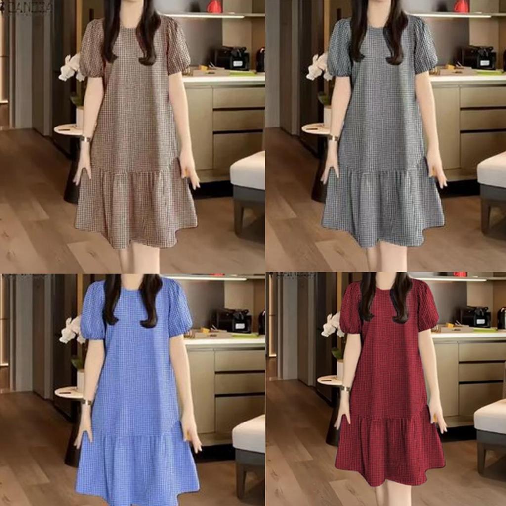STYLE#เดรสผู้หญิง ลายสก็อต แขนสั้น มีจีบ ทรงหลวม สไตล์วินเทจ#99476