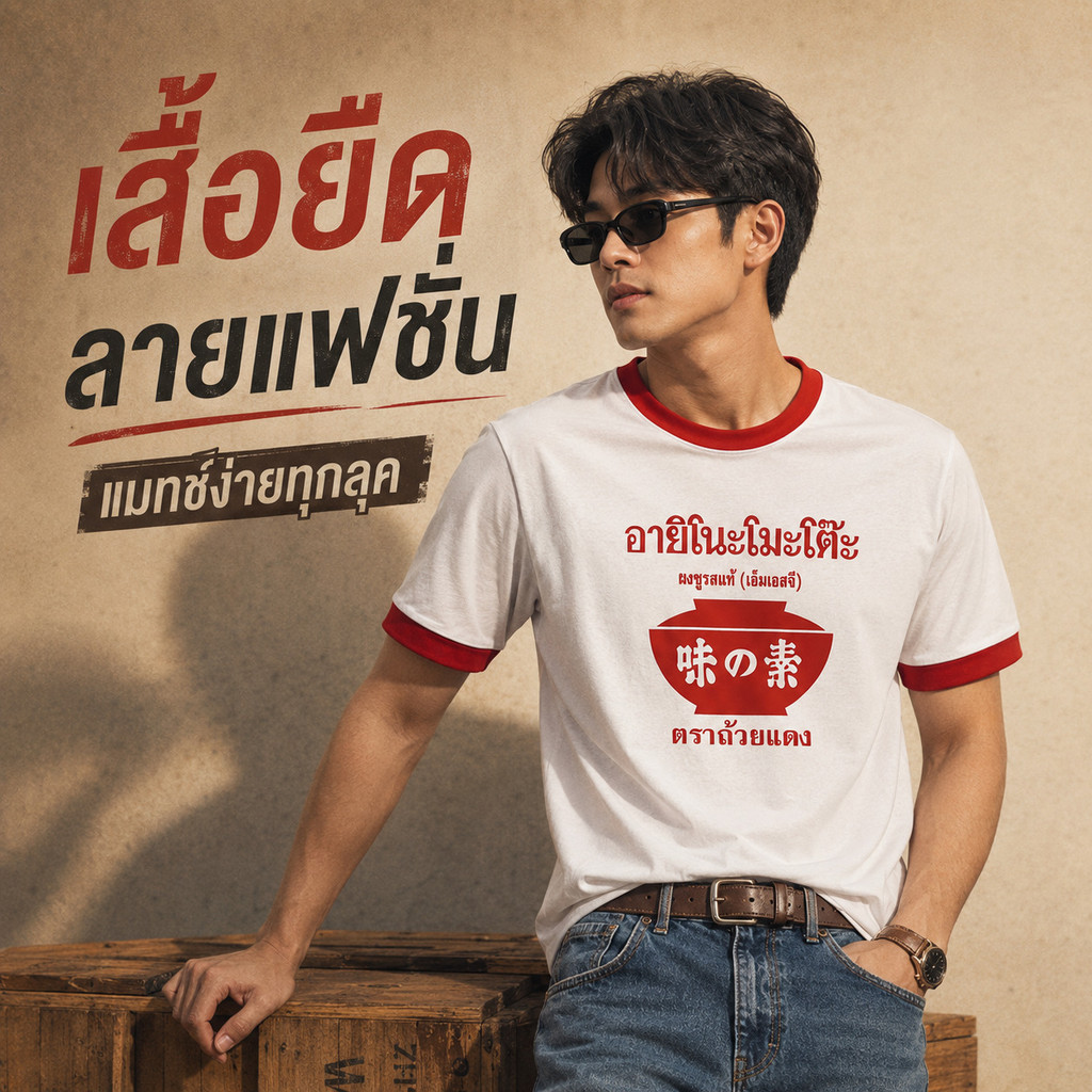 เสื้อยืดคอกลมสีขาวคอแดง สกรีนลายอายิโนะโมโต๊ะ เนื้อผ้ากีฬา ไมโคร100% นุ่มลื่น เบาสบาย