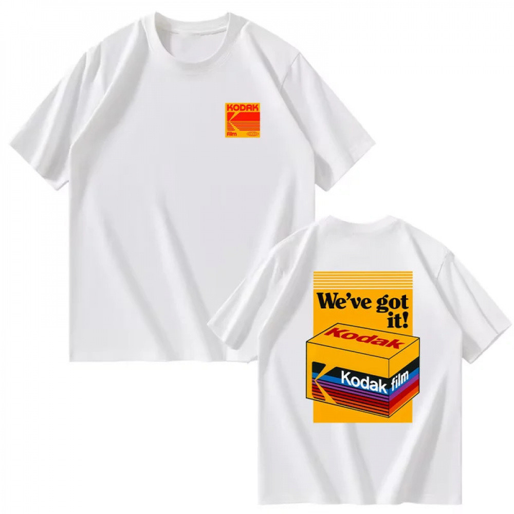 เสื้อยืดผู้ชาย Kodak Retro พิมพ์ฝ้ายแขนสั้นสีทึบดูดซับเหงื่อ