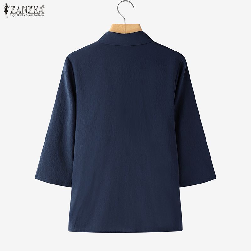 ZANZEA ผู้หญิงเกาหลี Elegant Chic Turn-Down-Collar 3/4 แขนลูกไม้ Splicing ปุ่มลงเสื้อ — صورة 8