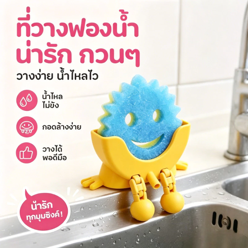 COD ที่วางฟองน้ำล้างจาน ที่ใส่ฟองน้ำ ระบายน้ำ แห้งเร็ว ลดอับชื้น ตลก มีแขนขา แต่งครัว ซิงค์ครัว