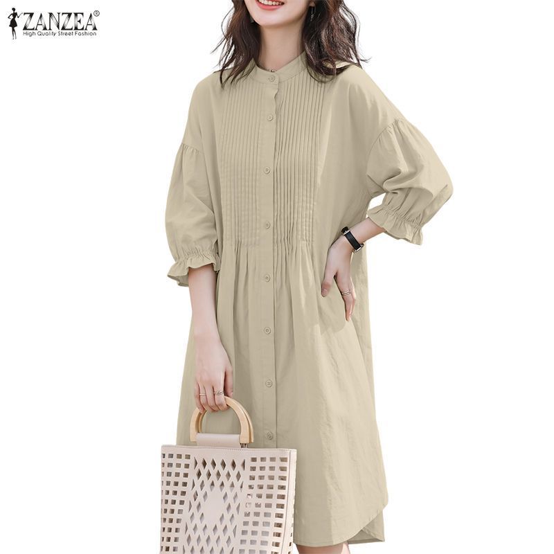 ZANZEA ชุดเดรสลายทางแขน 3/4 สําหรับผู้หญิงเกาหลี