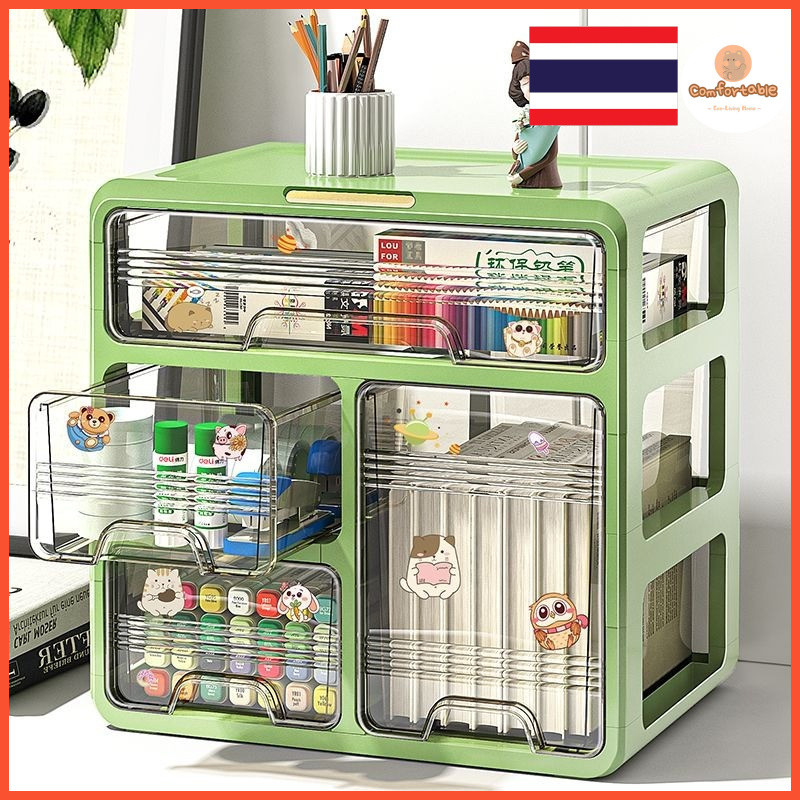 กล่องเก็บของลิ้นชักโปร่งใส 3 ชั้น 360° โปร่งใสเต็มรูปแบบ ป้องกันฝุ่น ความจุใหญ่ จัดเก็บเครื่องสําอาง เครื่องเขียน เครื่องประดับ ของใช้บนโต๊ะ
