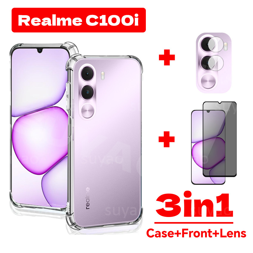 สําหรับRealme C100i C100X C100 2026 3in1 เคสโทรศัพท์ปลอกใสRealmeC100i RealmeC100Xกันกระแทกนุ่มTPU Anti-Spyเต็มความเป็นส่วนตัวกระจกนิรภัยPeekกระจกป้องกันหน้าจอเลนส์ฟิล์ม