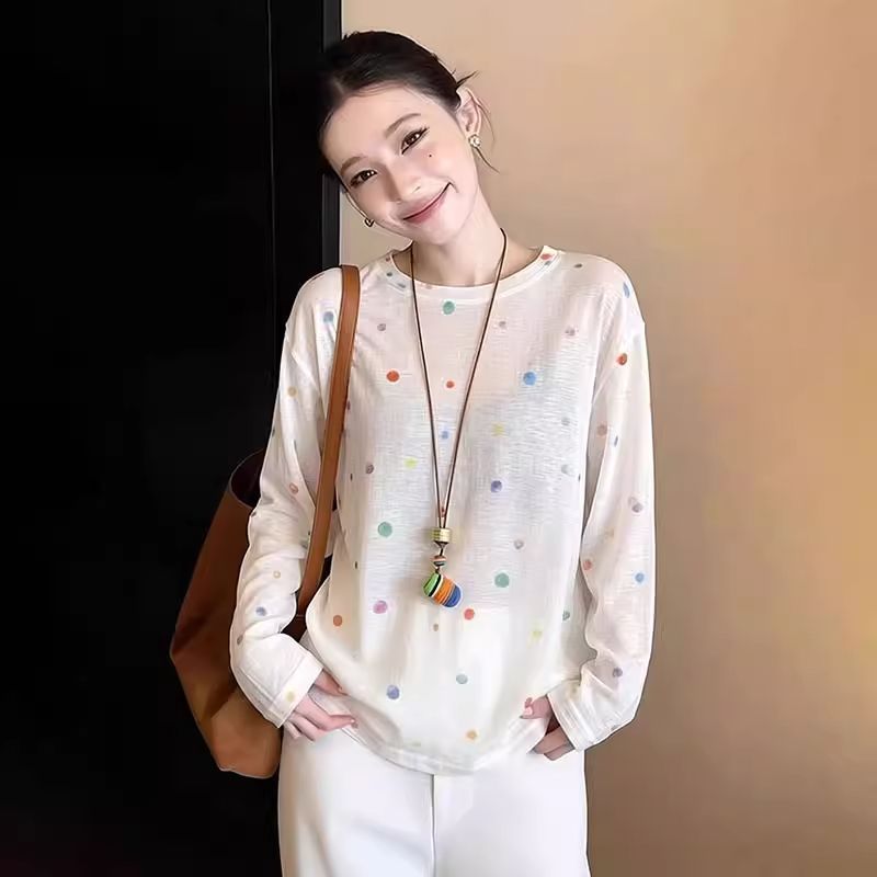 ขนาดใหญ่ขนาดสี Polka Dot พิมพ์เล็กน้อยโปร่งใสบางครีมกันแดดเสื้อผู้หญิงฤดูร้อนสไตล์ใหม่ All-Match Slimmer ดูรอบคอ